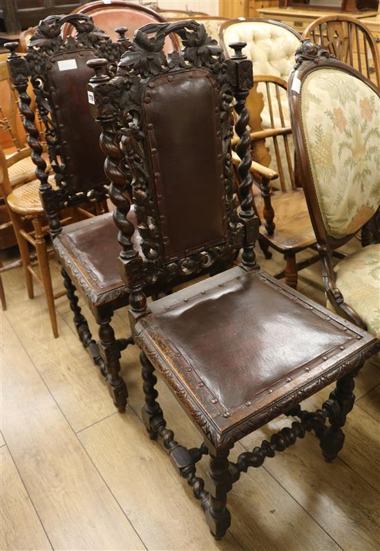 A pair of oak barley twist chairs,